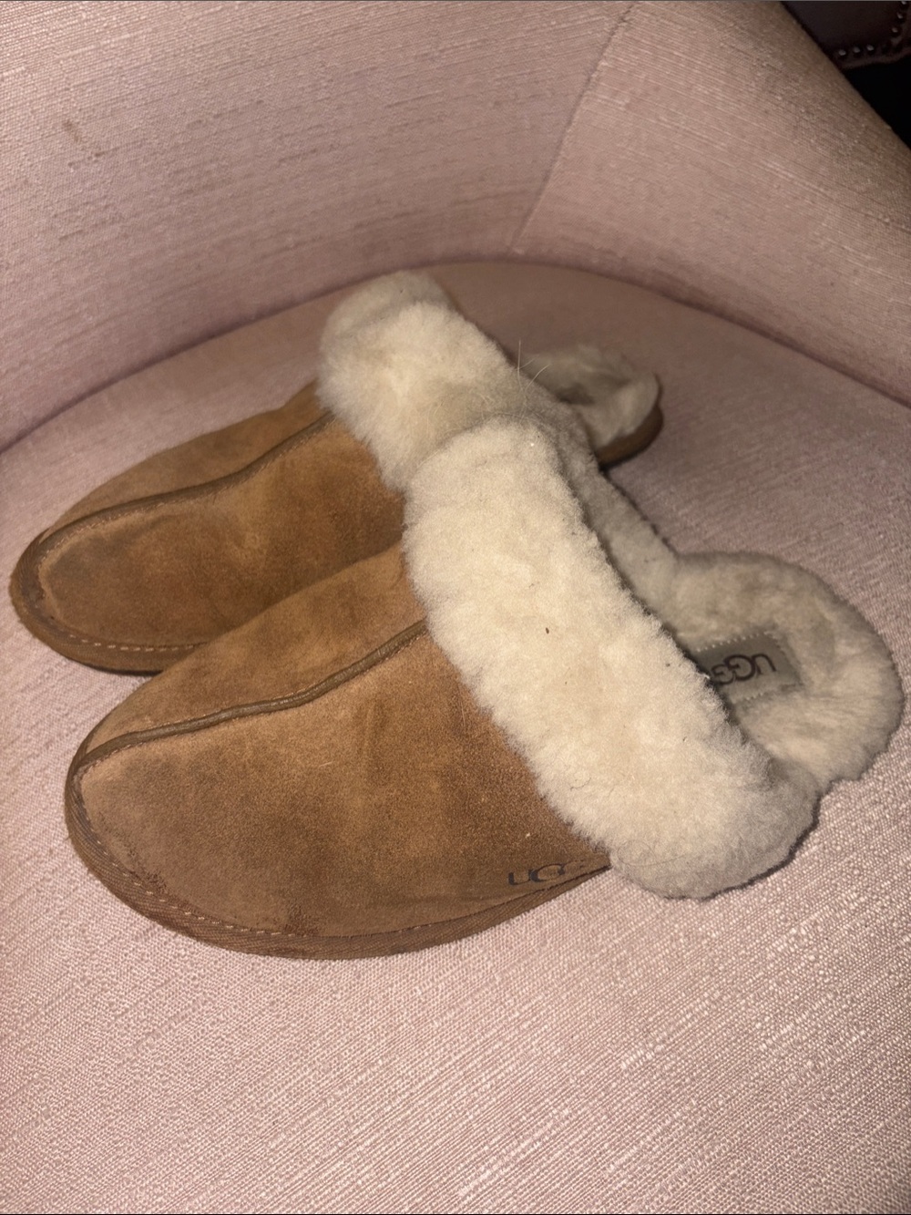 UGG Chestnut Suede Shearling Cuff Slippers with Cream Lining